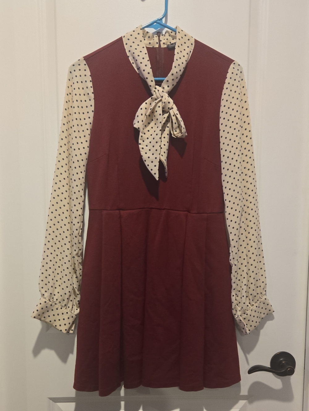 Women's Burgundy Midi Dress with Cream Polka-Dot Tie Neck
